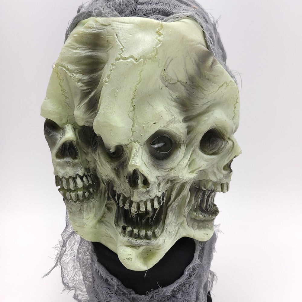 Triple Face Skull Mask with Grey Gauze Hood Halloween Horror Costume Accessory